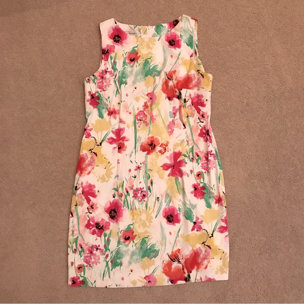 Dressbarn Spring Floral Dress Womens Size 16 Sheath Style White Pink Yellow